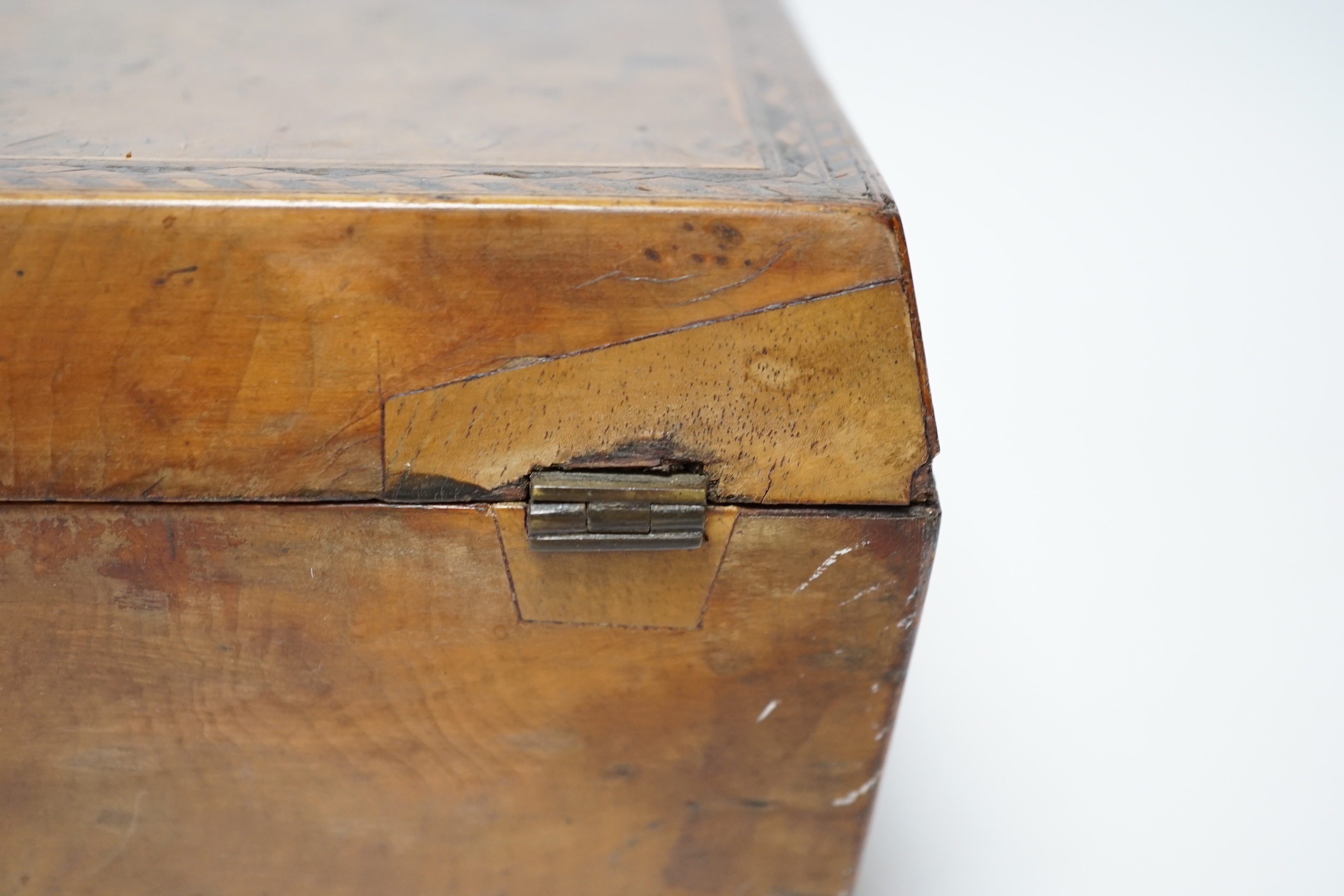 A Regency banded burr yew tea caddy, Ivory escutcheon, 20cm wide CITES Submission reference 4NYKHDBU